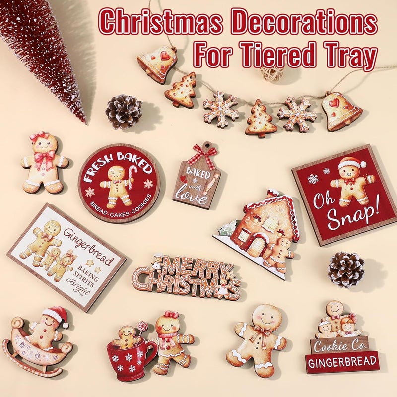 FINDRICH 23 Pcs Christmas Tiered Tray Decor - Christmas Decorations Indoor for Tray Decor Gingerbread Table Centerpieces with Snowflake, Xmas Tree, Gingerbread Man Wooden Signs for Home Shelf Decor - Image 5